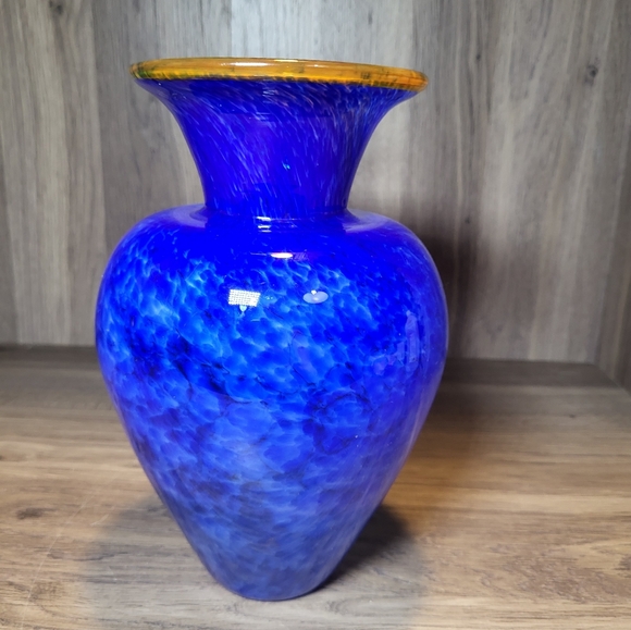 Hand Blown Glass Vase Vibrant Blue White Speckled Yellow Brim Art Glass - Picture 6 of 13